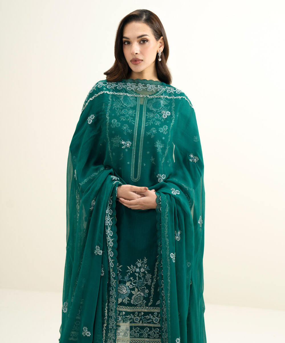 Women's Unstitched Cotton Net Embroidered Green 3 Piece Suit
