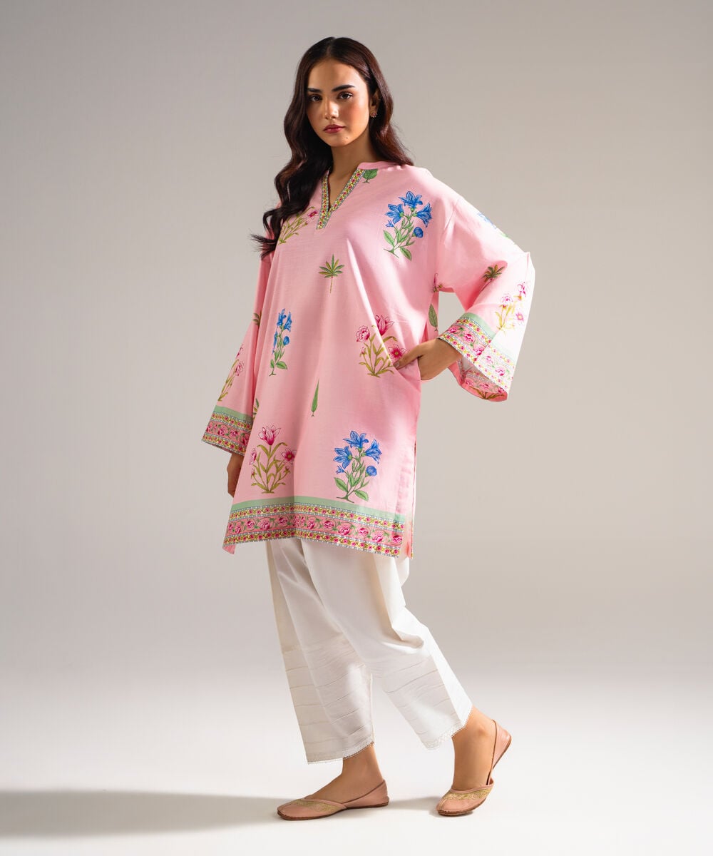 Women's RTW Slub Lawn Printed Pink Drop Shoulder Shirt