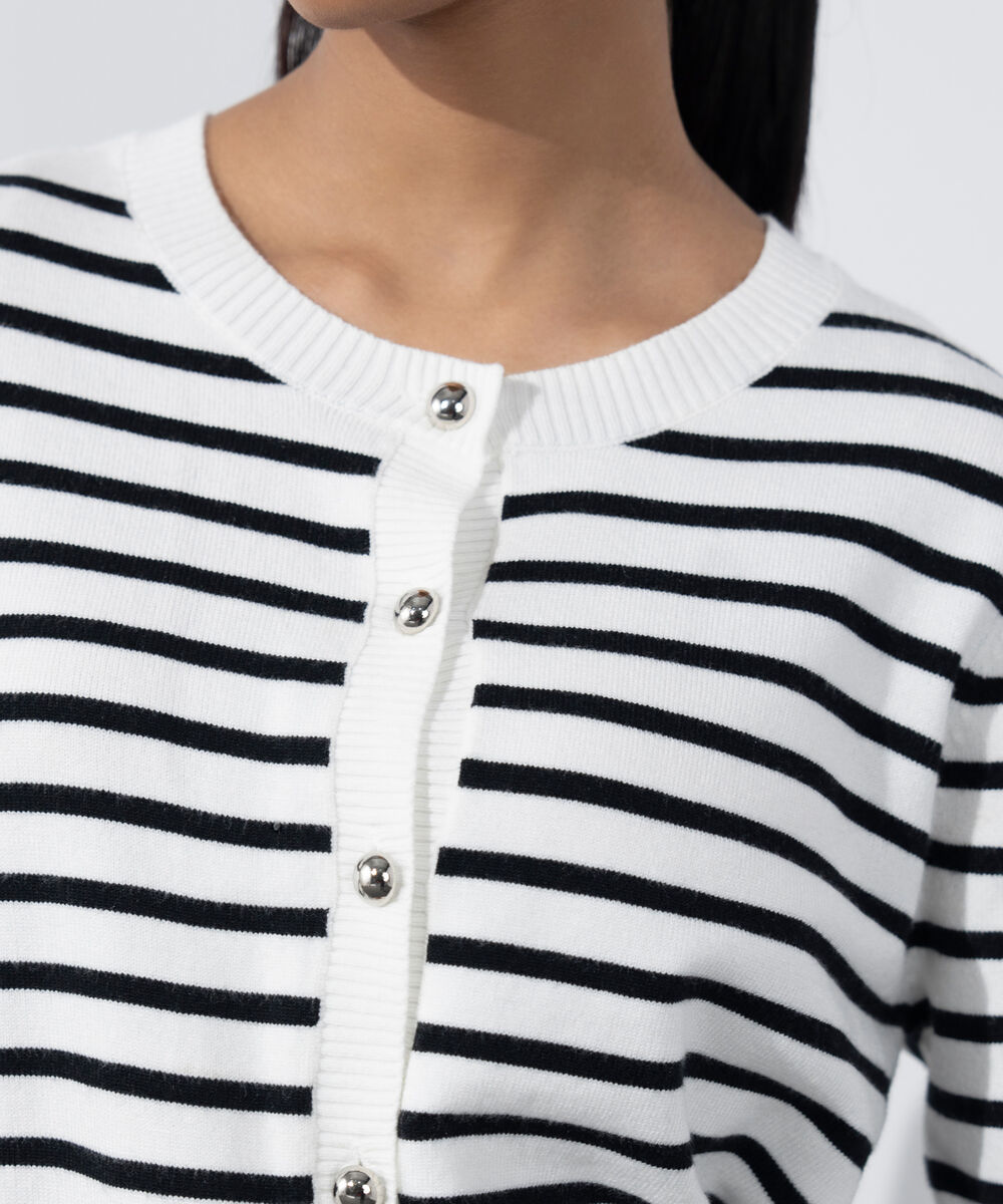 Women's Western Wear White & Black Striped Knit Cardigan