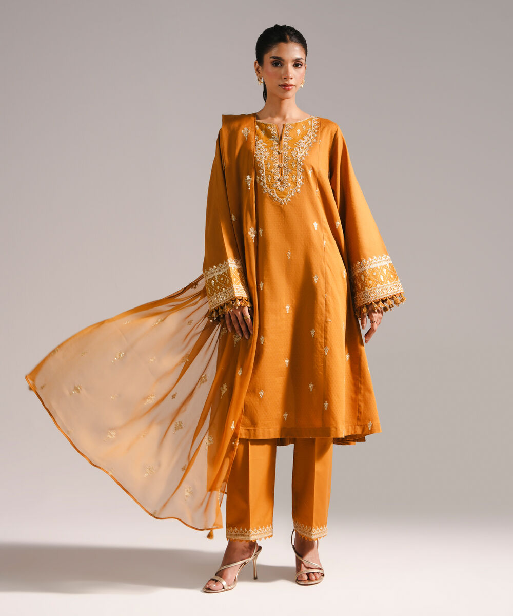 Women's RTW Dobby Embroidered Mustard Yellow 3 Piece Suit