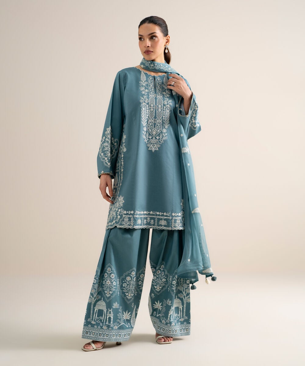 Women's Unstitched Slub Lawn Embroidered Blue  3 Piece Suit