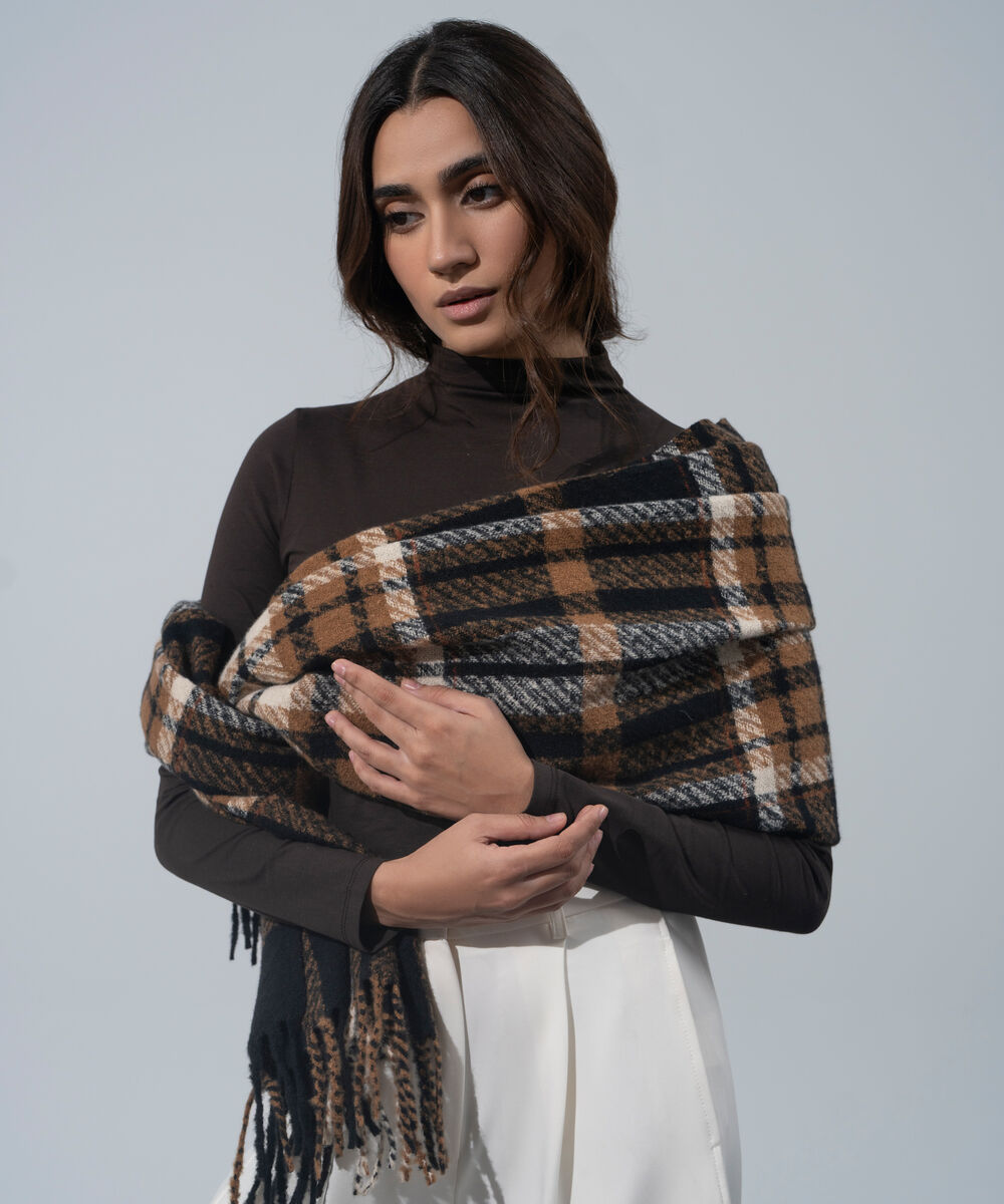 Women's Western Wear Black Polyester Checkered Woolen Scarf