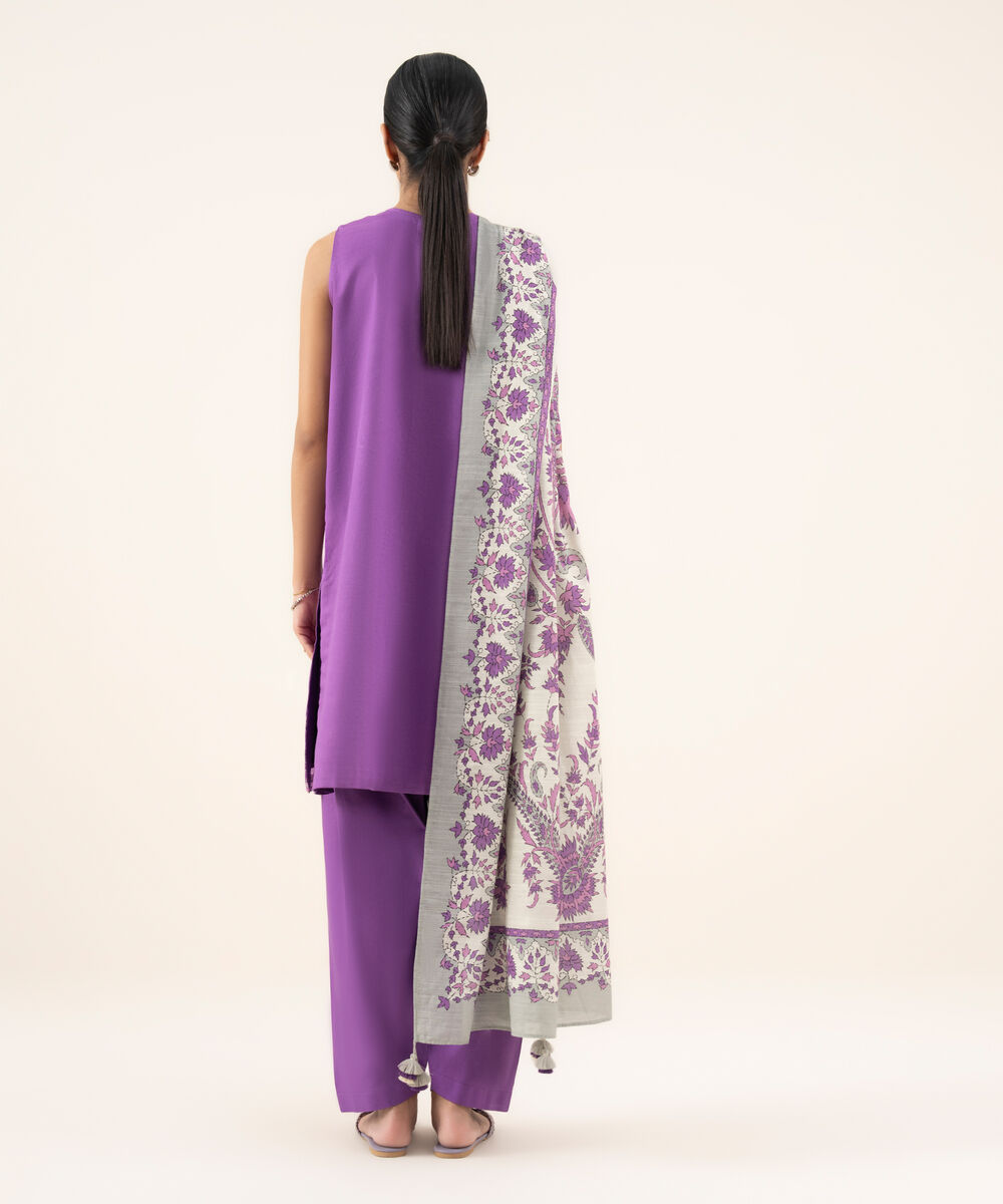 Women's Unstitched Textured Cotton Embroidered Purple 2 Piece Suit