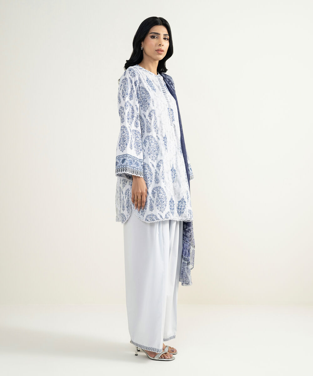 Women's RTW Dobby Embroidered Blue 3 Piece Suit