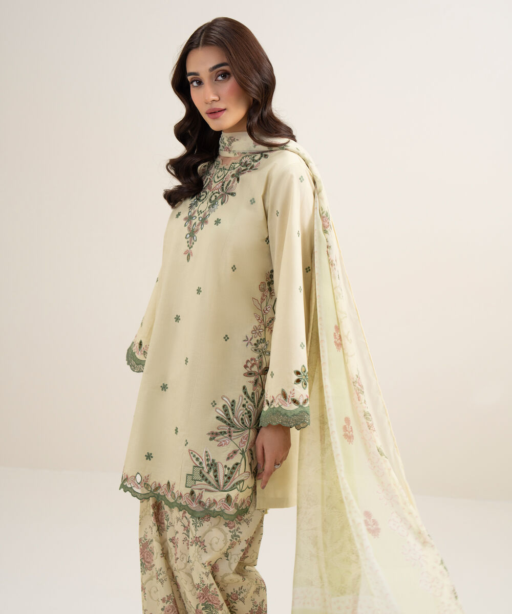 Women's Unstitched Lawn Embroidered Beige 3 Piece Suit