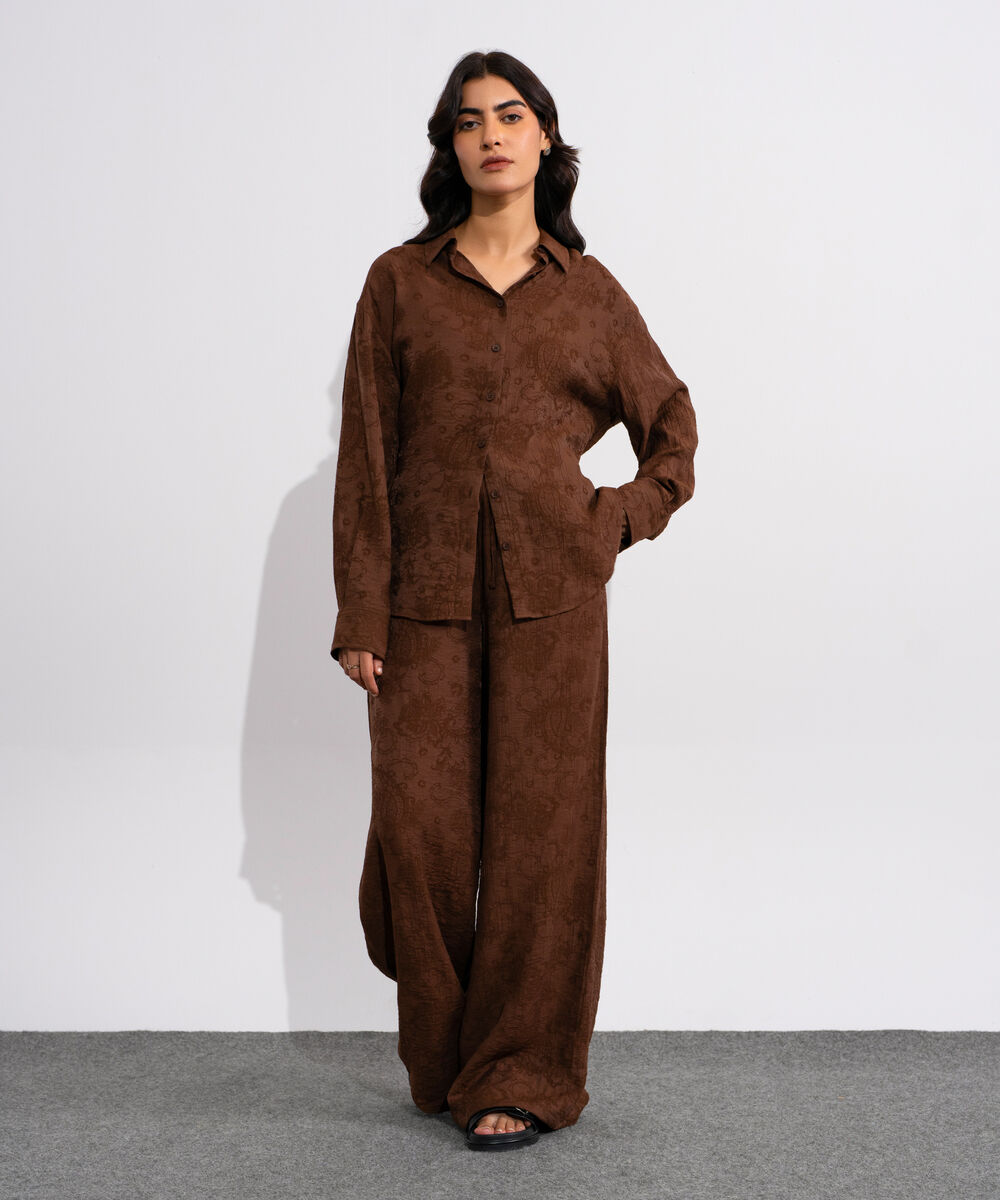 Women's Brown Textured Pull-On Trousers