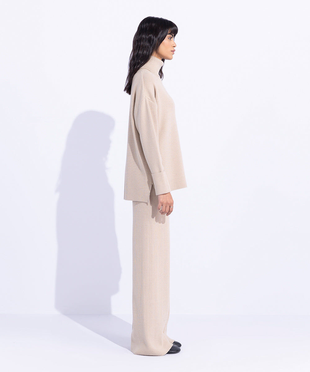 Woman - Beige Ribbed Turtle Neck Sweater