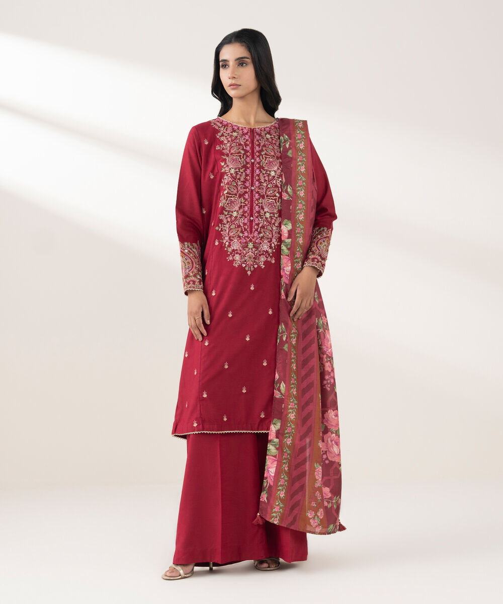 Women's RTW Cotton Viscose Embroidered Red 3 Piece Suit