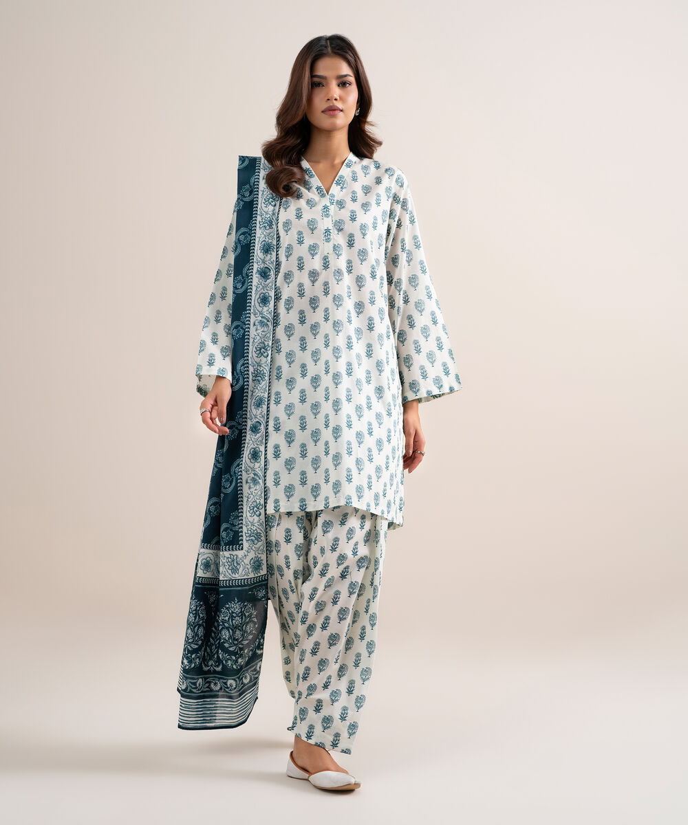 Women's Unstitched Lawn Printed Blue and White  3 Piece Suit
