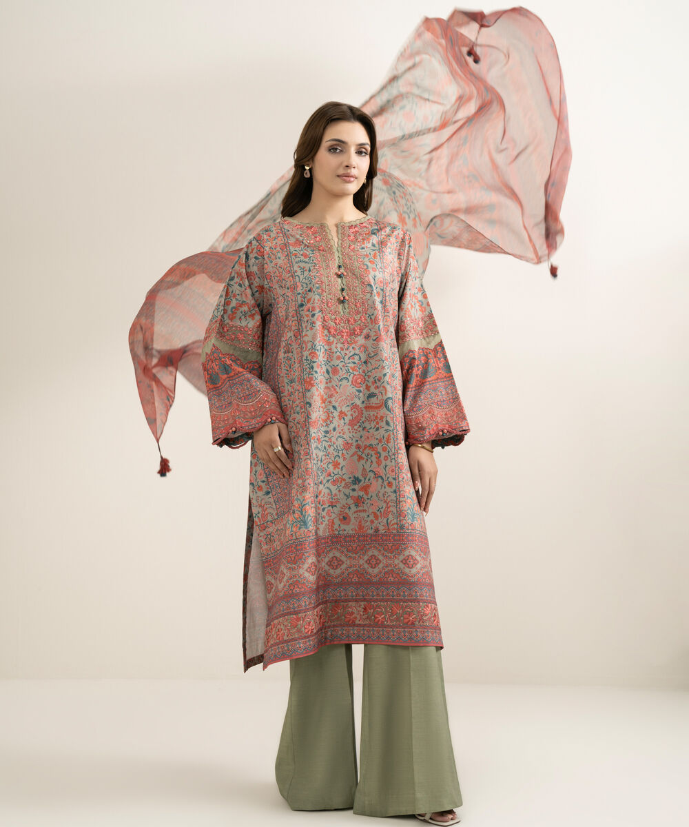 Women's Unstitched Blended Grip Silk Embroidered Multi 3 Piece Suit