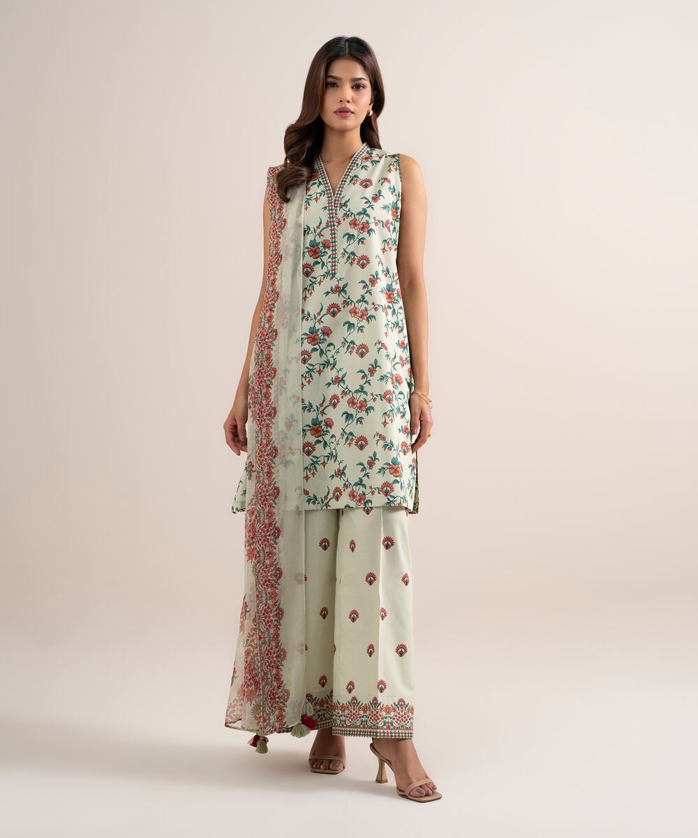 Women's Unstitched Lawn Printed Off White 3 Piece Suit
