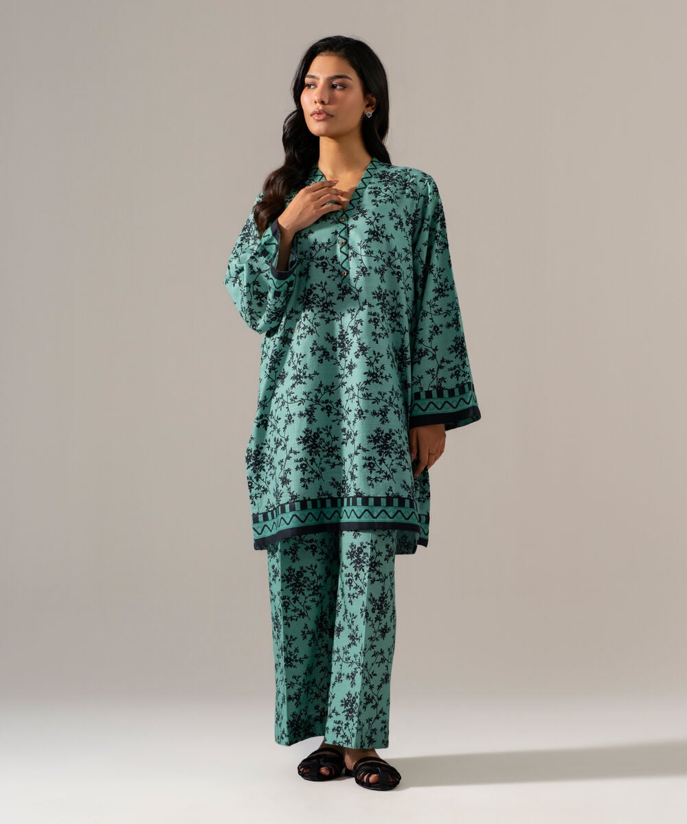 Women's RTW Khaddar Printed Seafoam Green 2 Piece Suit
