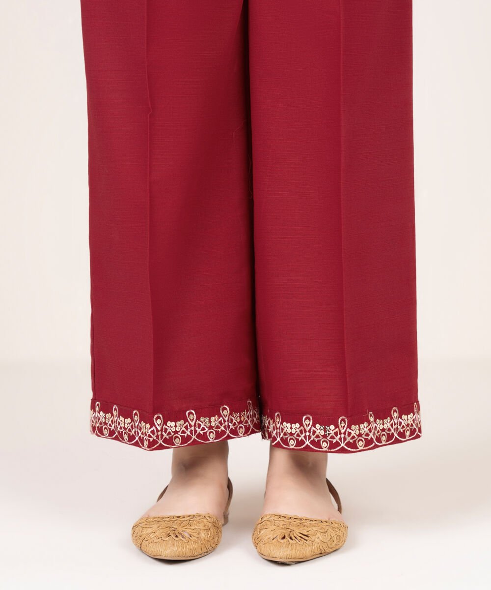 Women's RTW Khaddar Embroidered Red Culottes