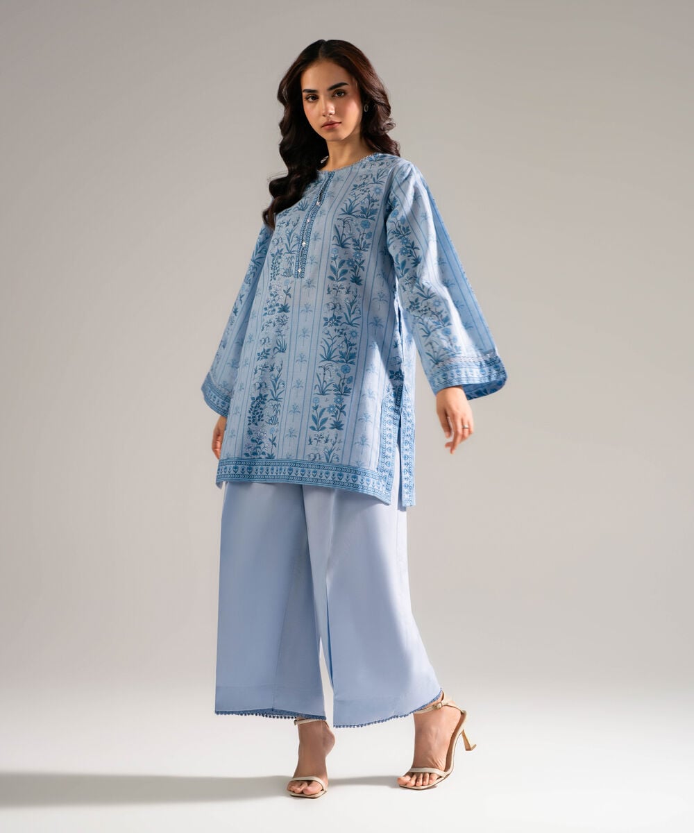 Women's RTW Slub Lawn Printed Blue Straight Shirt