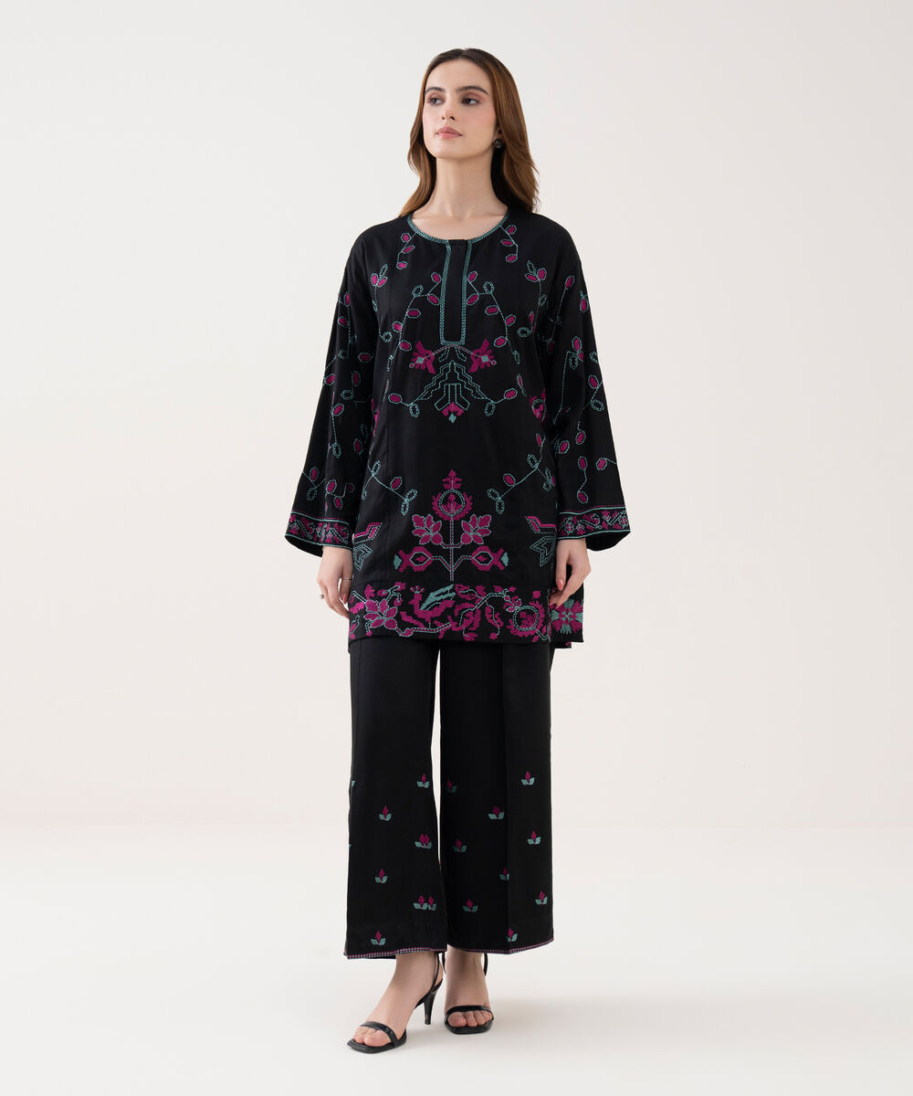 Women's RTW Viscose Marina Embroidered Black Straight Shirt