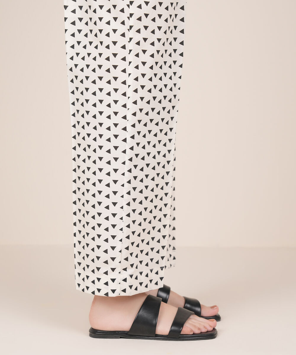 Women's RTW Cambric White Printed Straight Pants