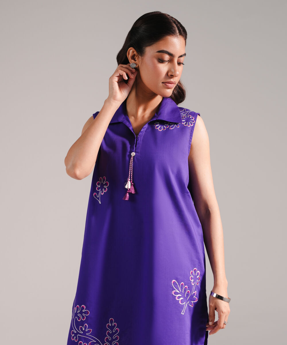 Women's RTW Crosshatch Embroidered Purple Straight Shirt
