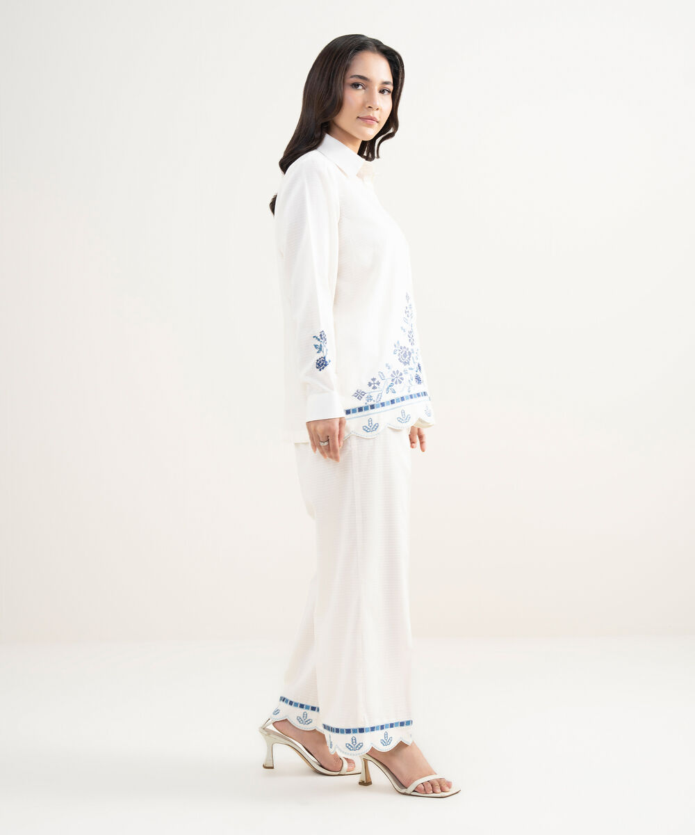 Women's RTW Dobby Embroidered Off White Straight Shirt