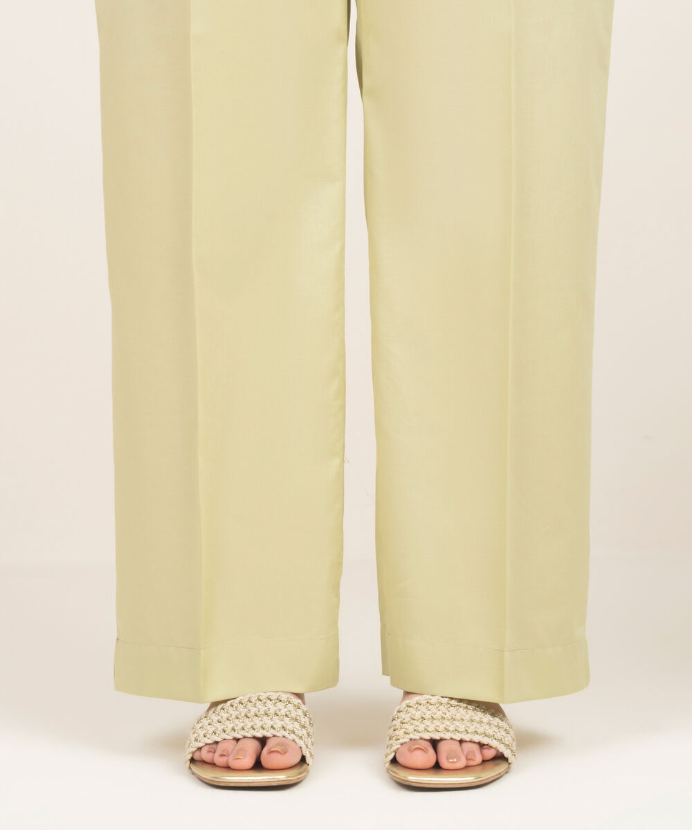 Women's RTW Cambric Solid Green Straight Pants