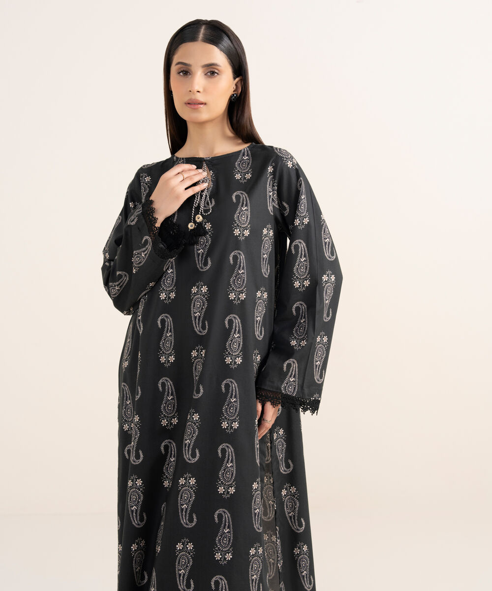 Women's RTW Lawn Viscose Black Printed A-Line Shirt