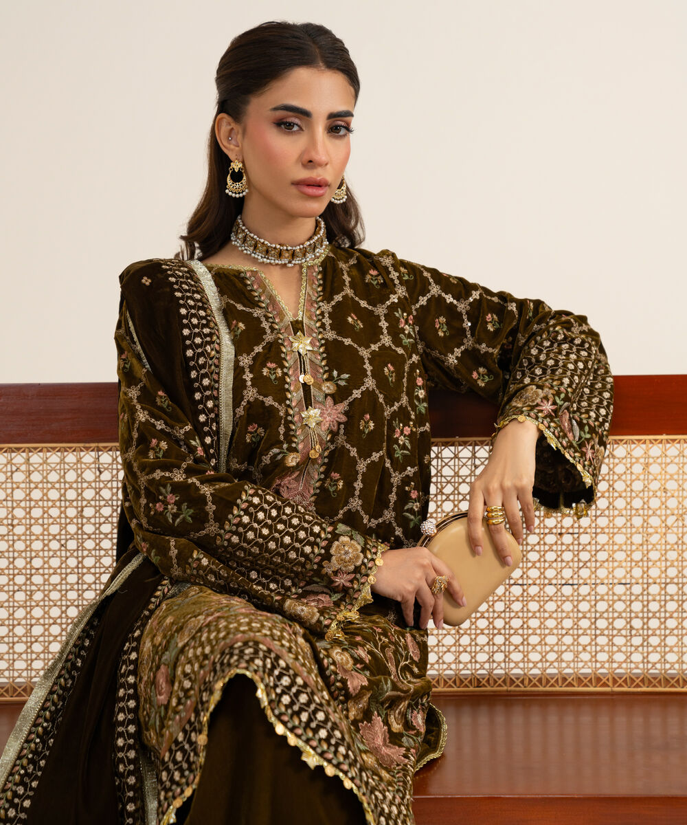 Women's Unstitched Velvet Embroidered Dark Brown 3 Piece Suit