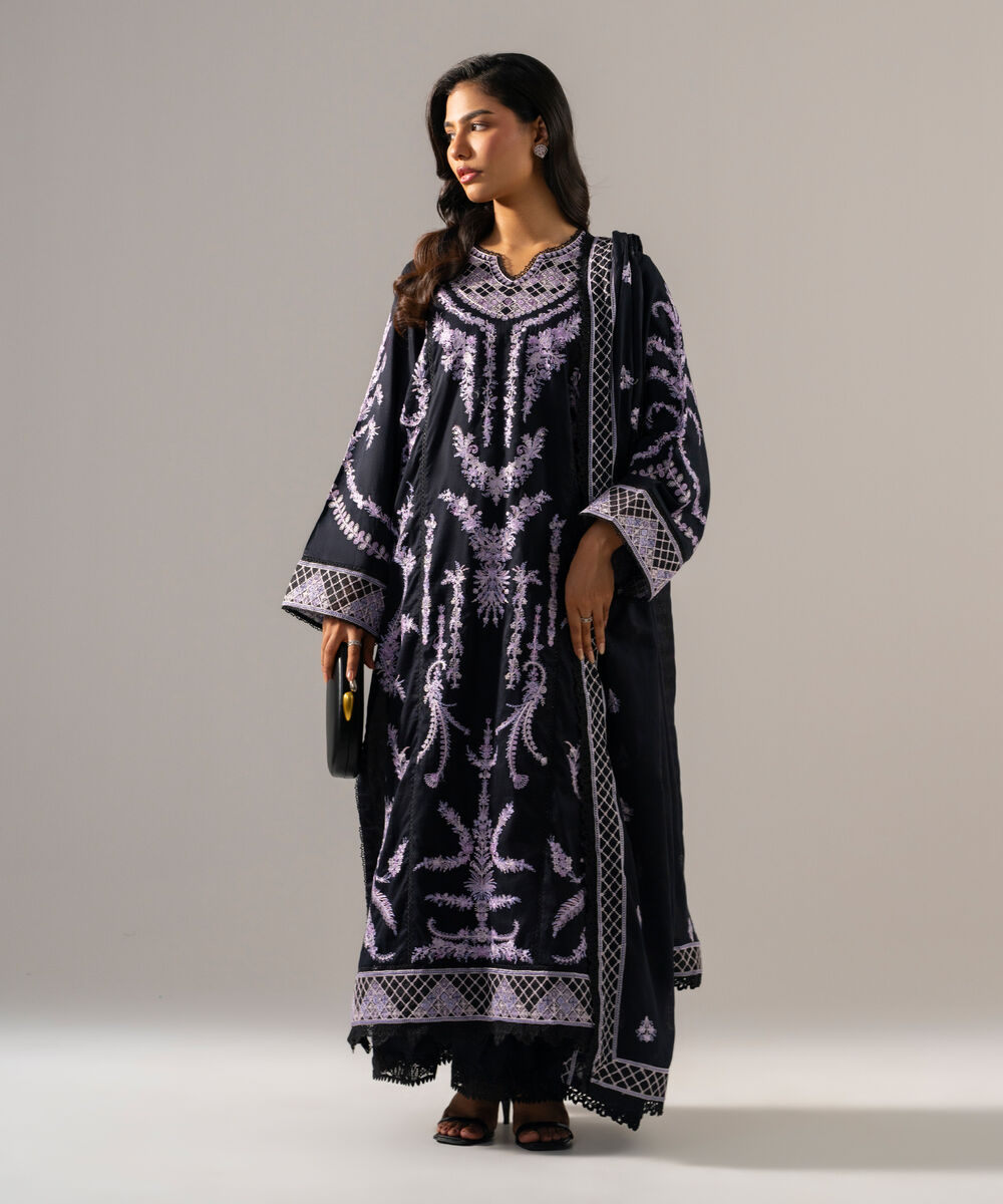 Women's RTW Cotton Satin Solid Embroidered Black 3 Piece Suit