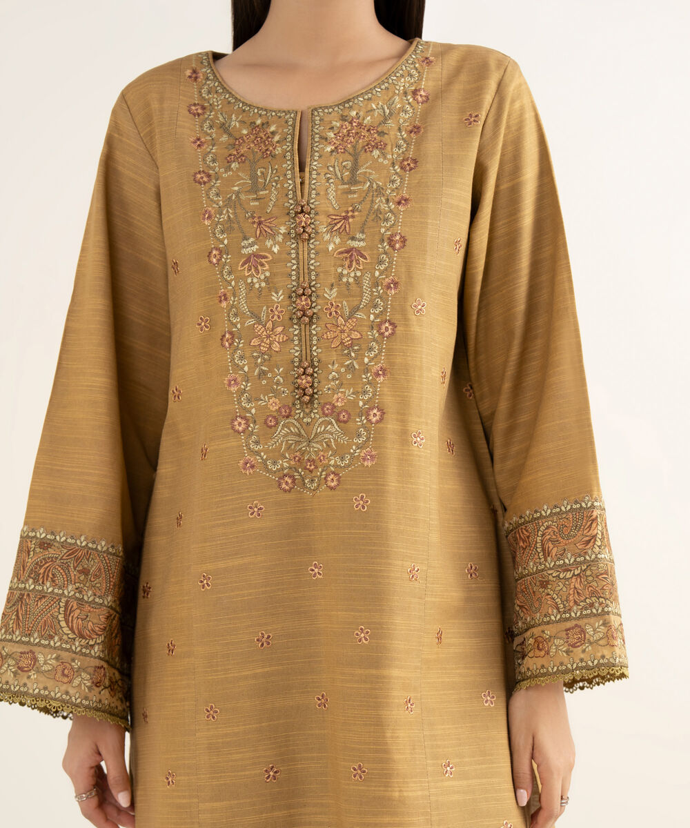 Women's Unstitched Khaddar Embroidered Brown 3 Piece Suit
