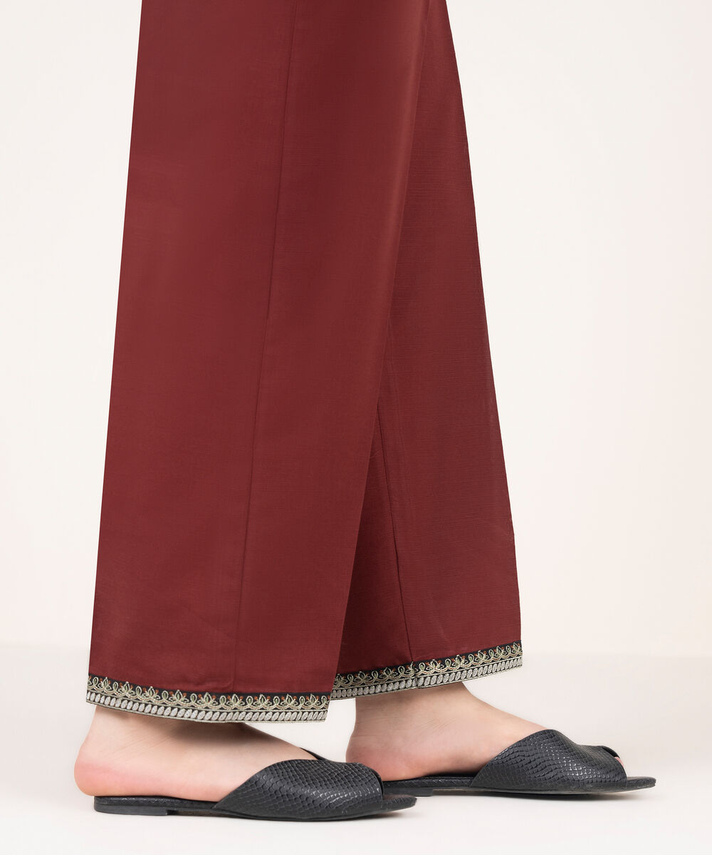 Women's RTW Light Khaddar Embroidered Brown Straight Pants
