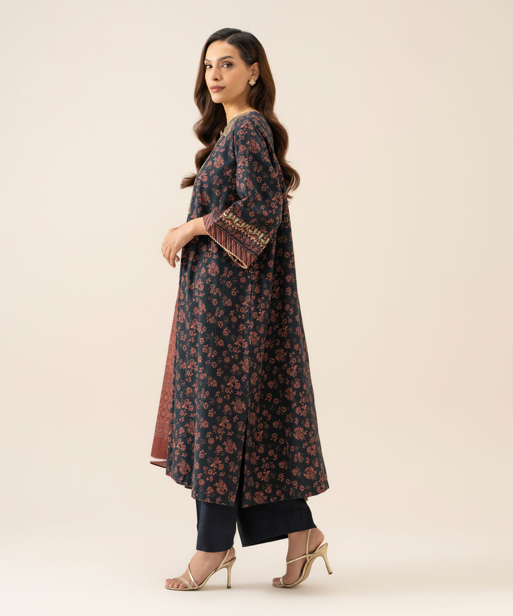 Women's Unstitched Light Khaddar Embroidered Blue 3 Piece Suit