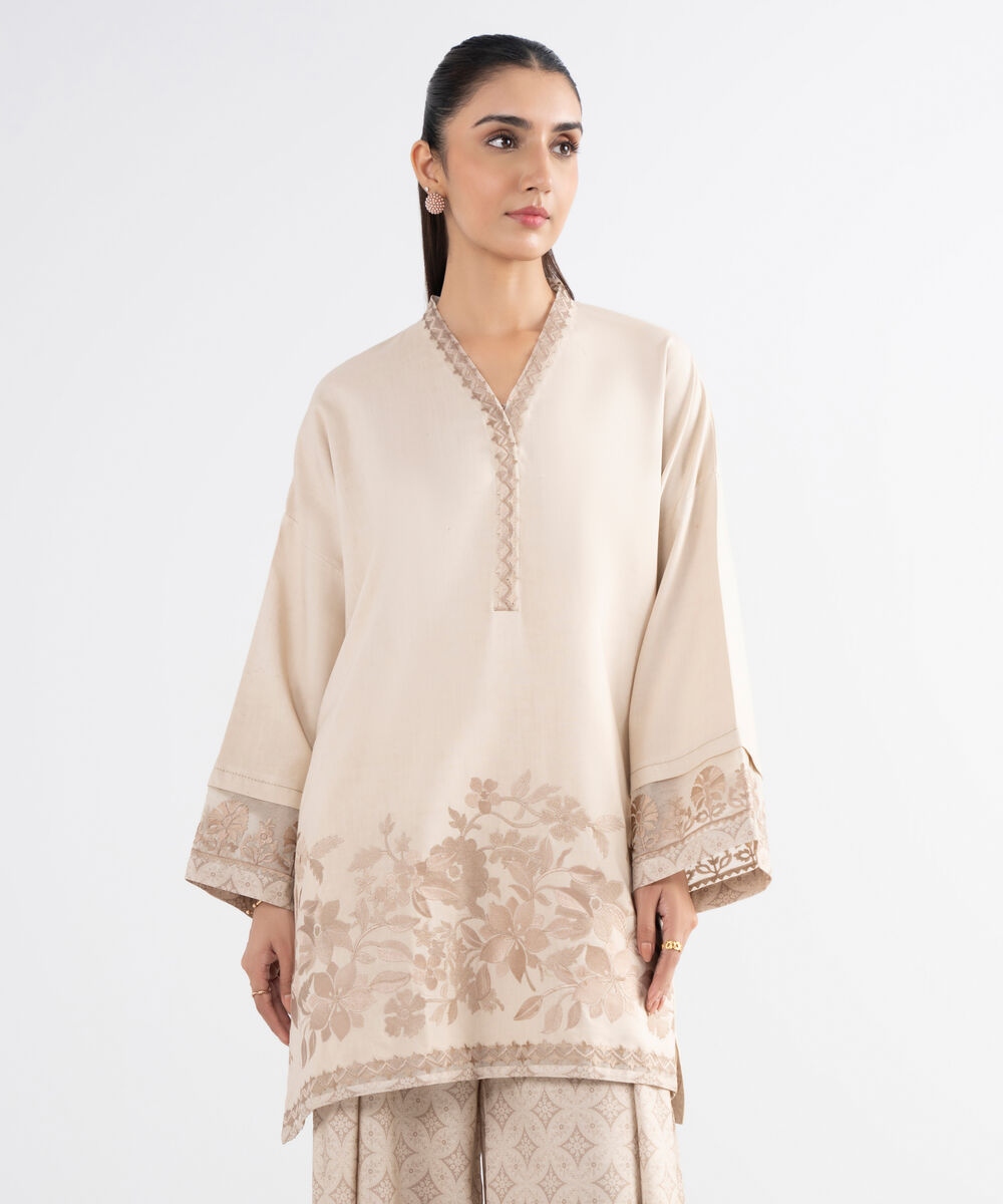 Women's Unstitched Linen Embroidered Beige  2 Piece Suit