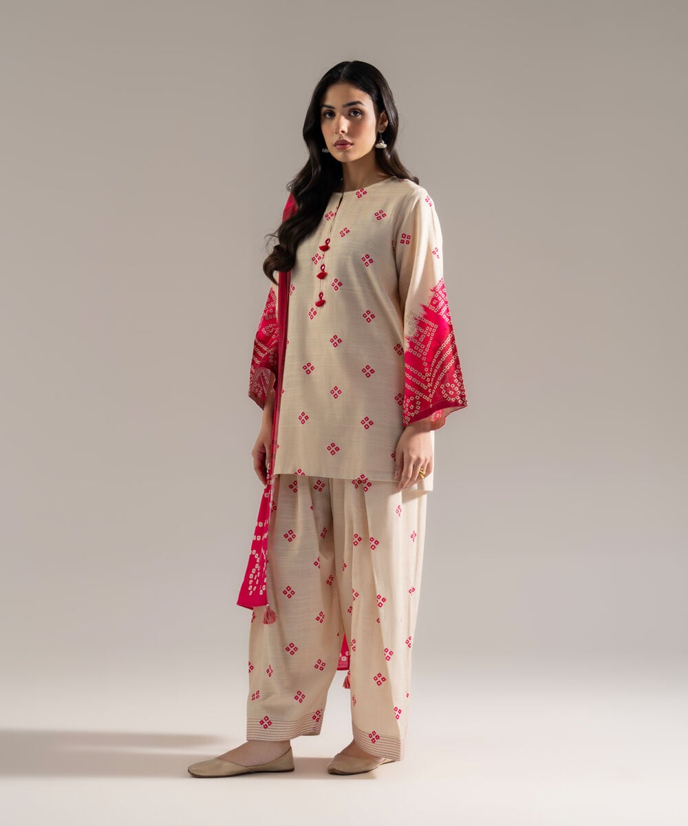 Women's RTW Khaddar Printed Off White 3 Piece Suit
