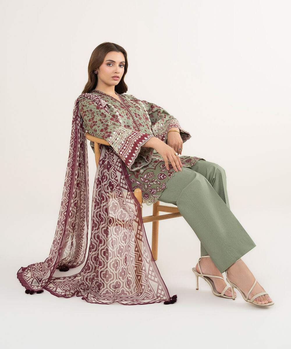 Women's Unstitched Lawn Embroidered Multi 3 Piece Suit