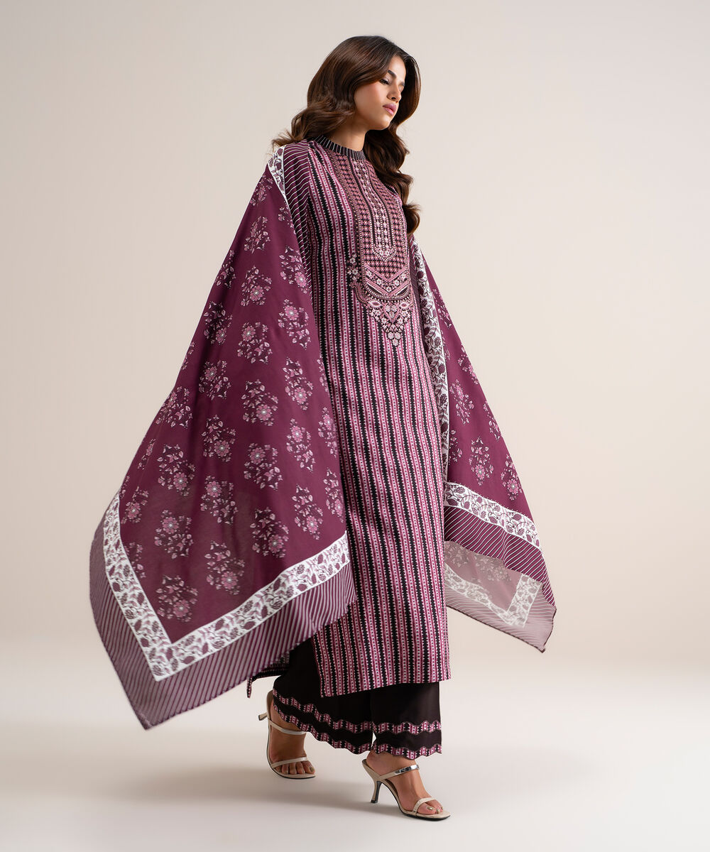 Women's Unstitched Printed Linen Purple 3 Piece Suit
