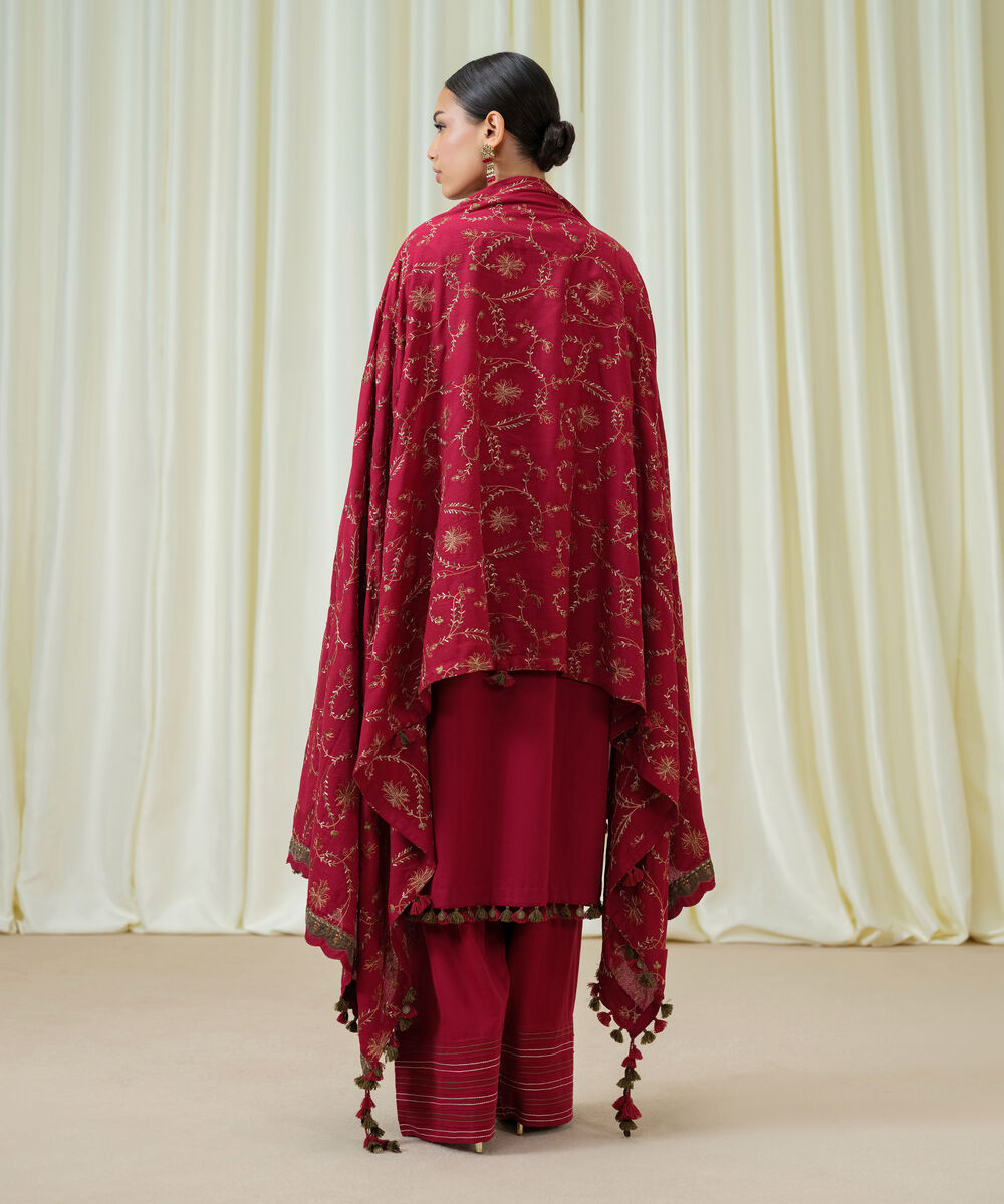 Women's Unstitched Cotton Karandi Embroidered Red 3 Piece Suit