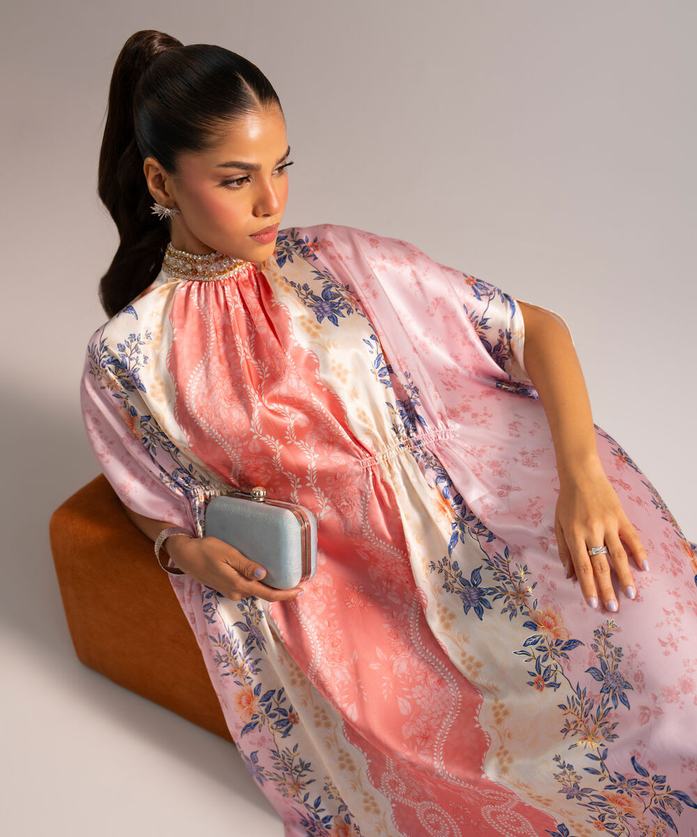 Women's RTW Blended Satin Printed Pink Kaftan