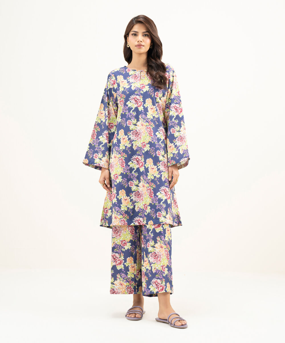 Women's RTW Seersucker Printed Purple Straight Shirt