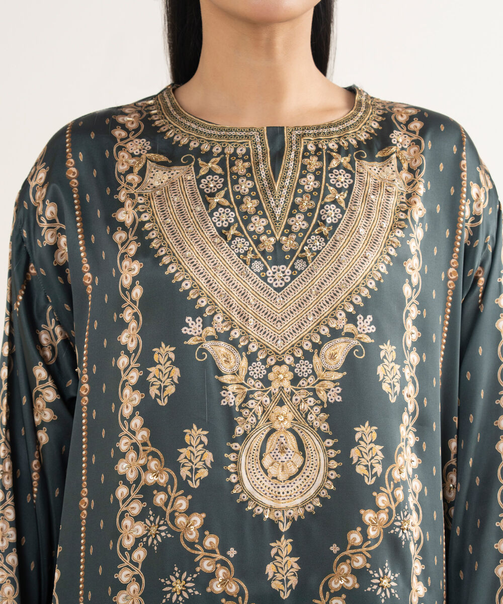 Women's RTW Blended Satin Embroidered Green 3 Piece Suit