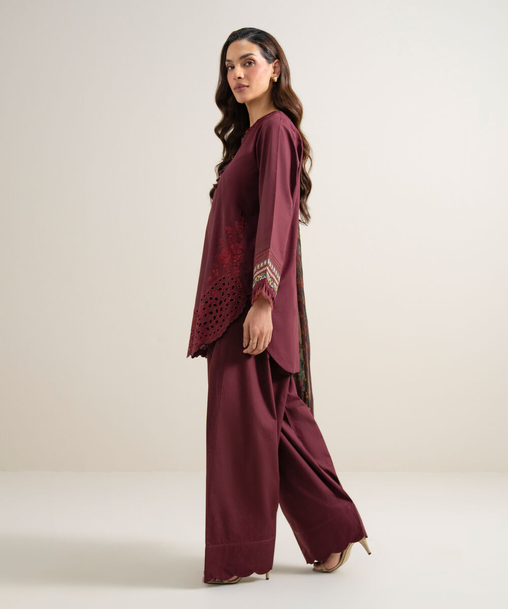 Women's Unstitched Textured Lawn Embroidered Red 3 Piece Suit