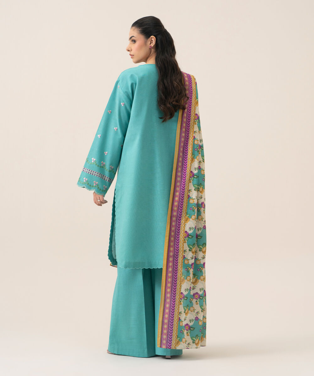 Women's Unstitched Basic Khaddar Embroidered Turquoise 3 Piece Suit