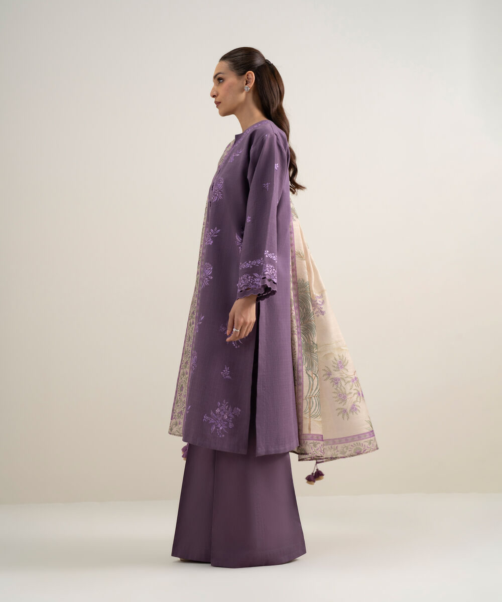Women's Unstitched Dobby Embroidered Purple 3 Piece Suit