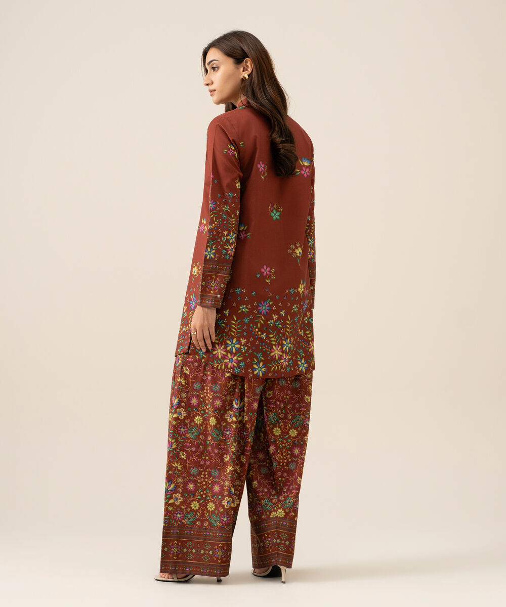 Women's Unstitched Cotton Printed Brown 2 Piece Suit