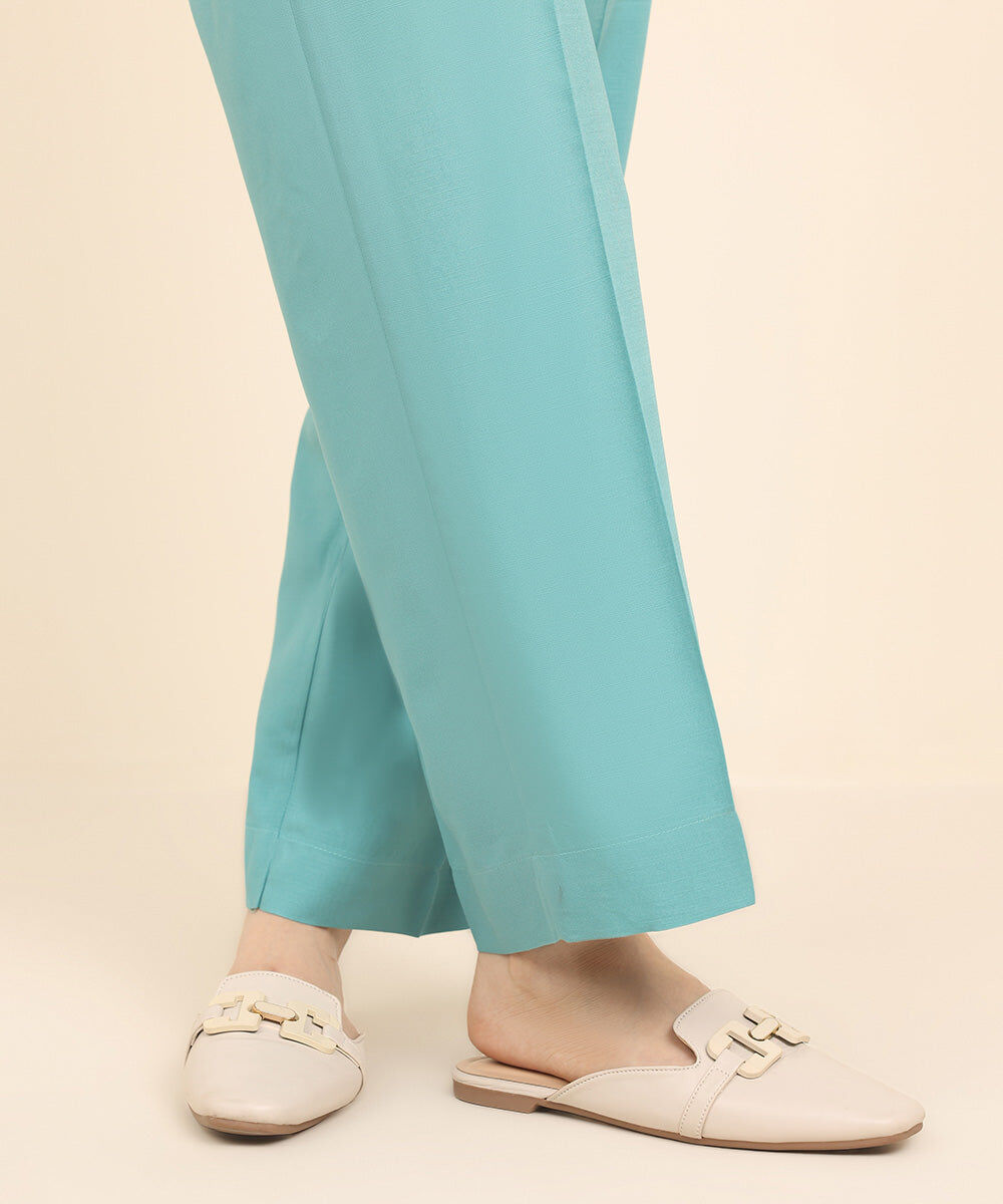 Women's Pret Dull Raw Silk Blue Solid Straight Pants