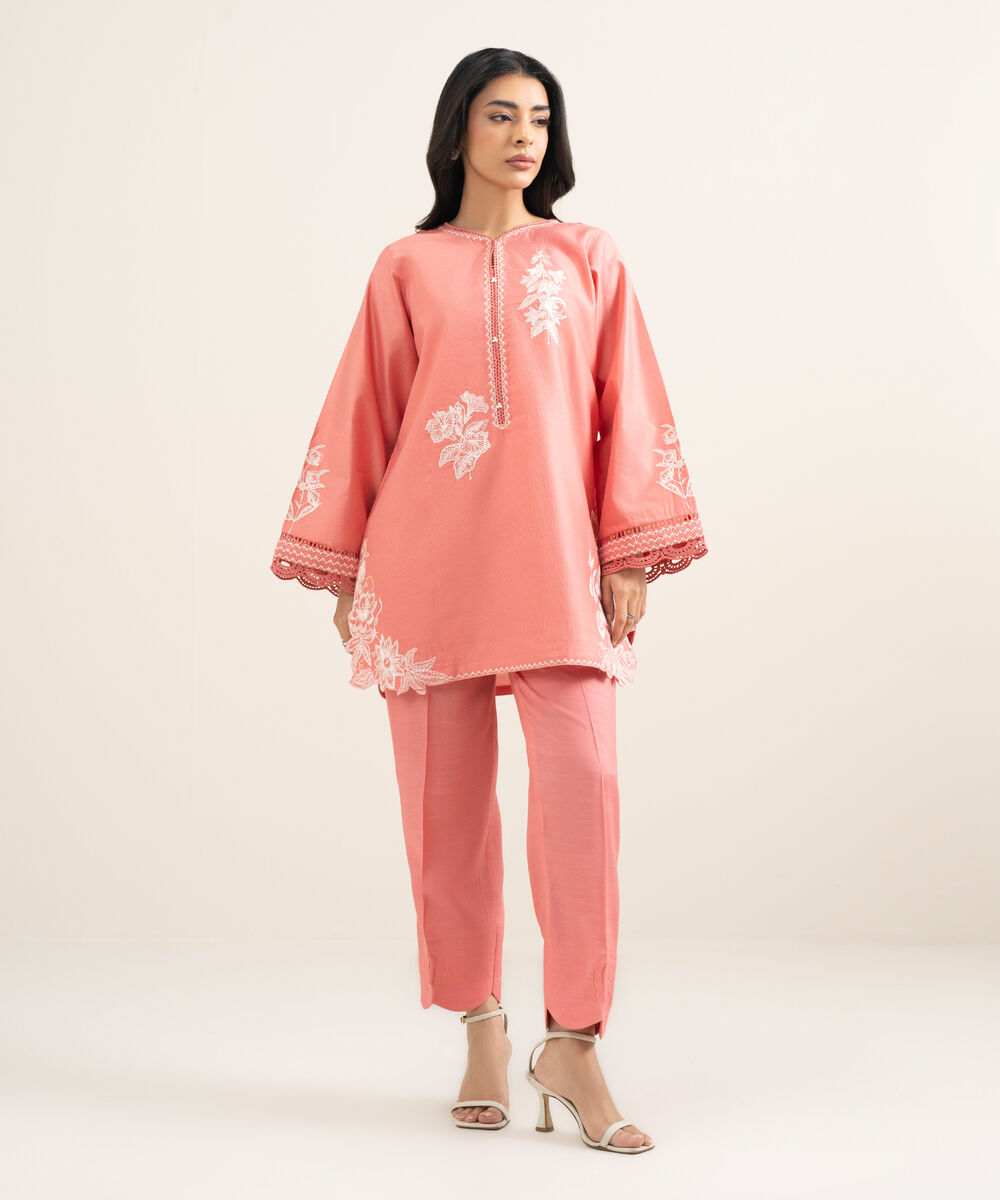 Women's RTW Silk Cotton Net Embroidered Pink 2 Piece Suit