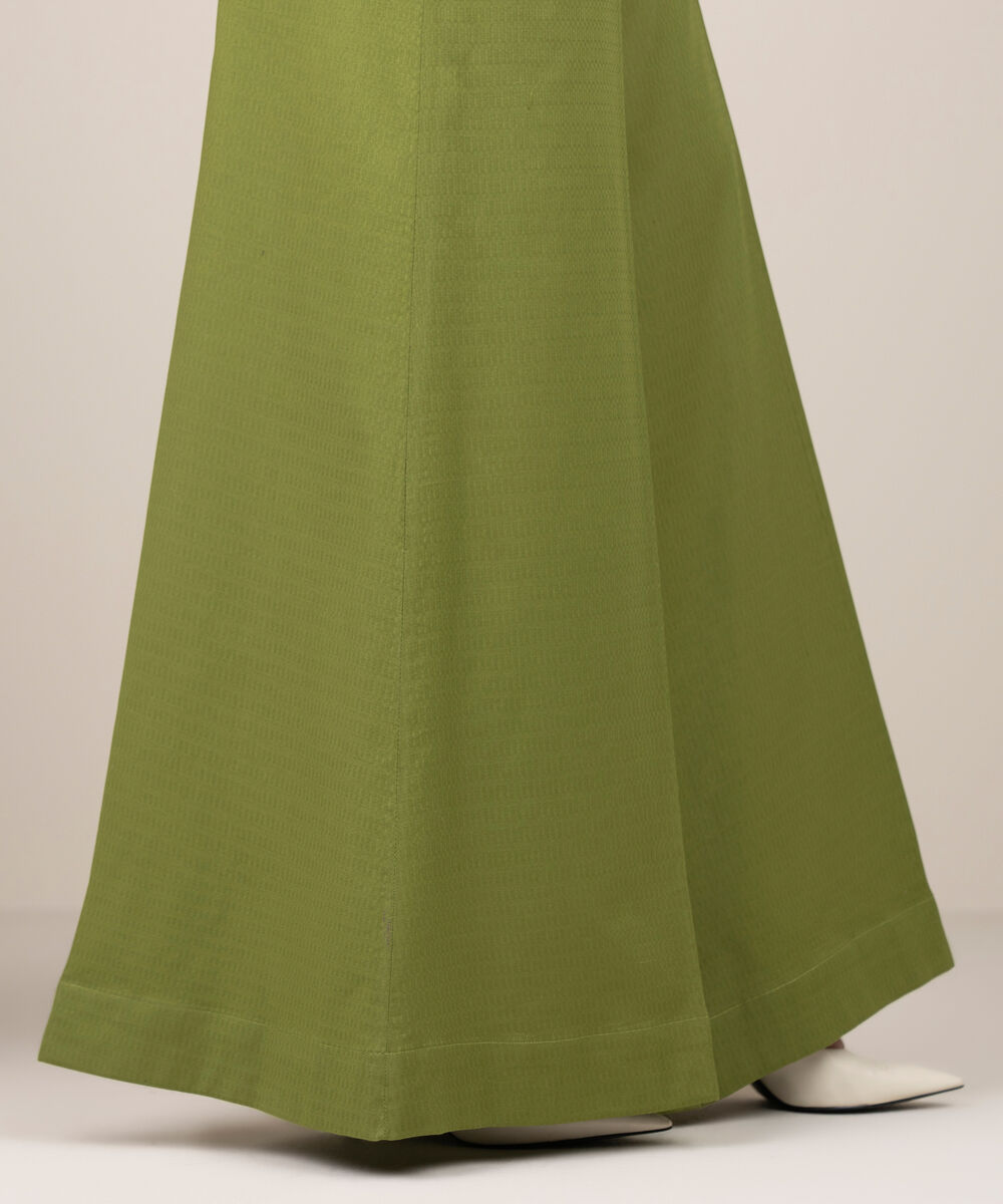 Women's RTW Textured Cotton Solid Green  Flared Pants