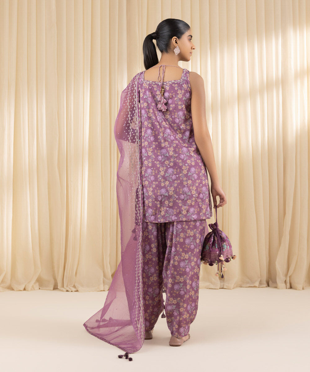 Unstitched Women's Embroidered Blended Grip Silk Purple Three Piece Suit
