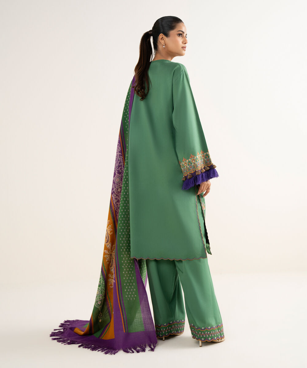 Women's Unstitched Twill Embroidered Green 3 Piece Suit