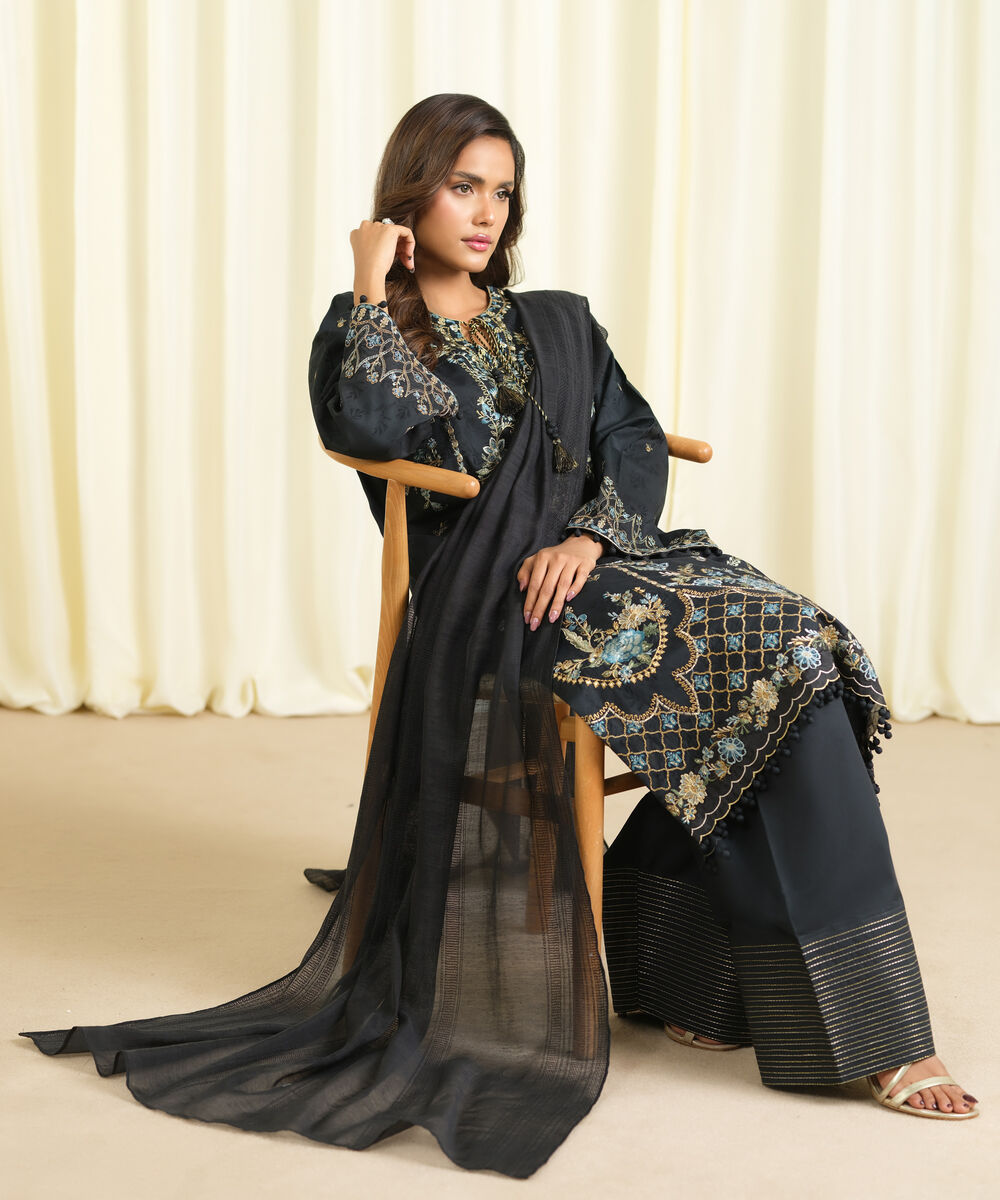 Women's Unstitched Cotton Jacquard Embroidered Black 3 Piece Suit