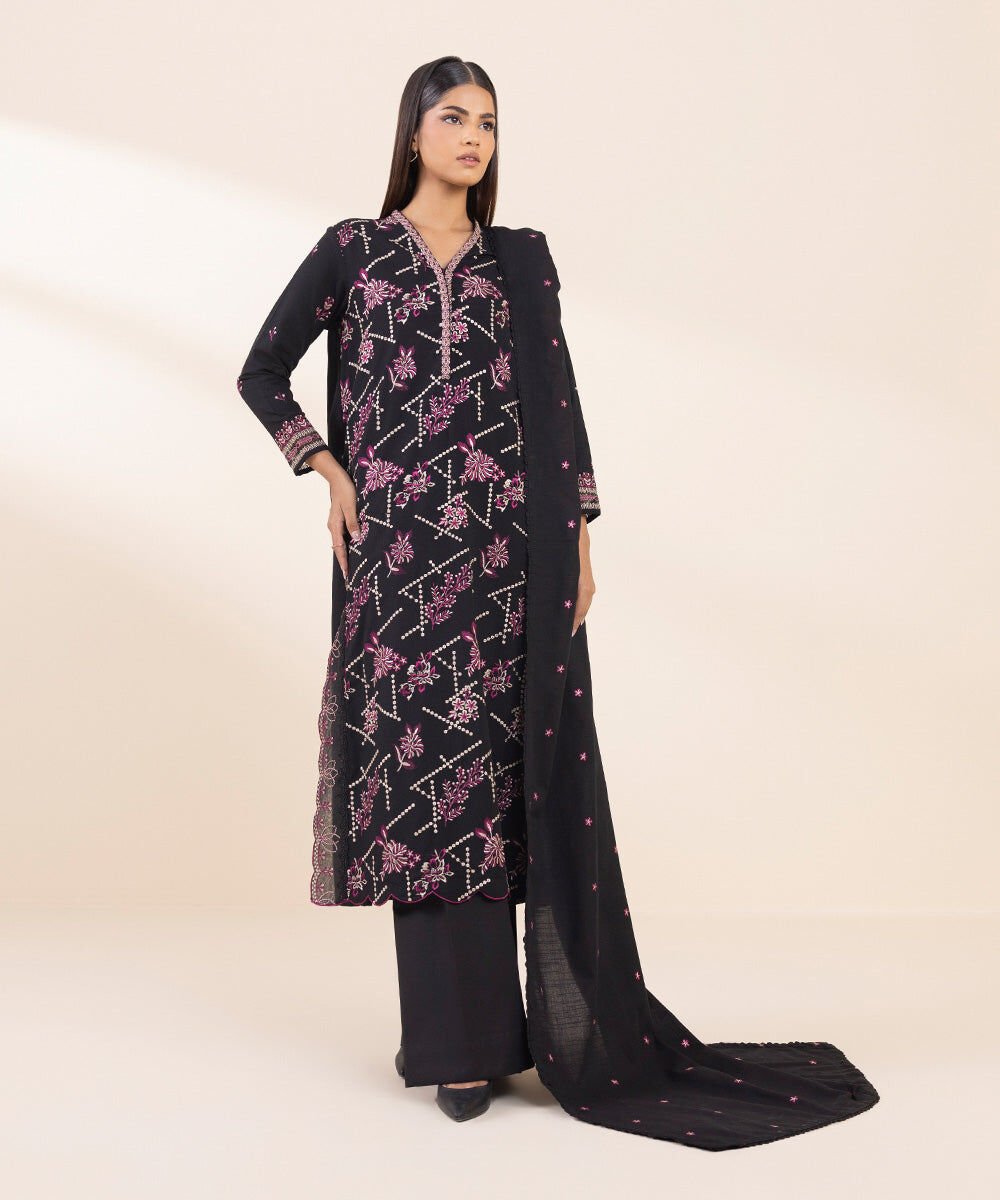 3 Piece - Embroidered Karandi Suit Women's Pret Cotton Karandi Black Embroidered 3 Piece Suit