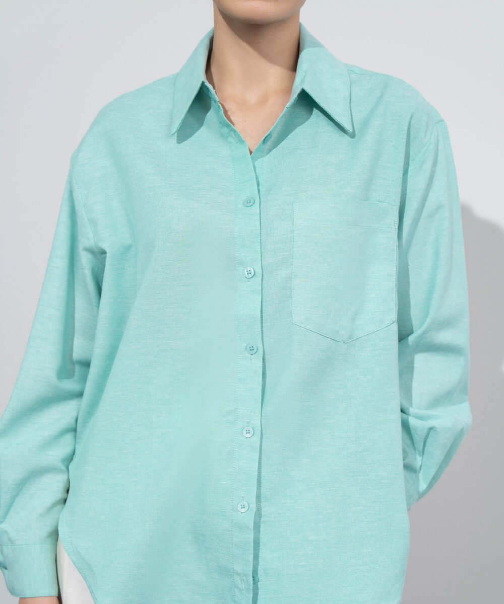 Women's Western Wear Green Loose-Fit Oxford Shirt