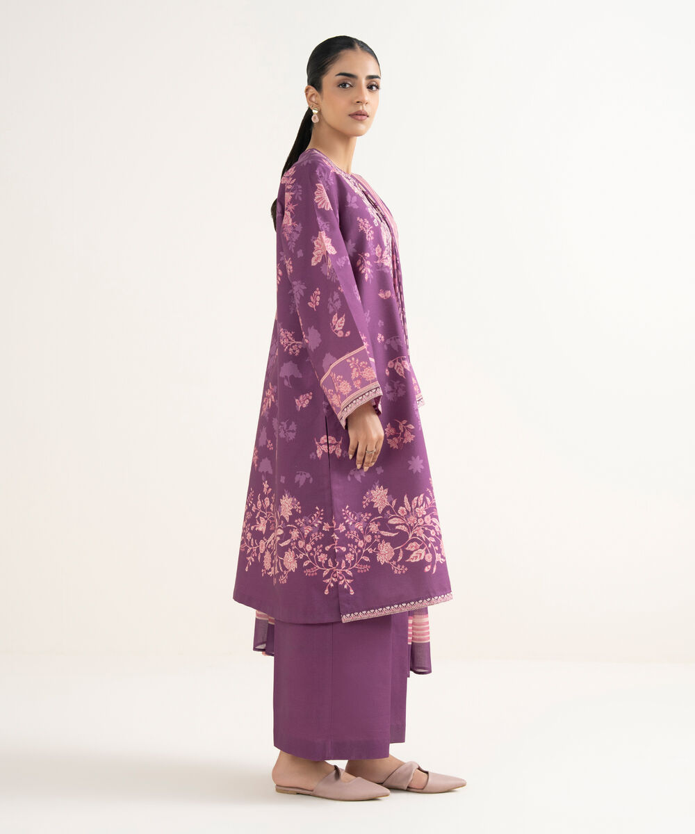 Women's Unstitched Cotton Embroidered Purple 3 Piece Suit